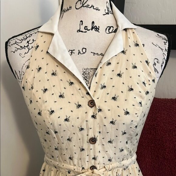 Anthropologie Maeve Honeyed Life Bee Print Pockets Cream Sleeveless Shirt Dress - Picture 2 of 12